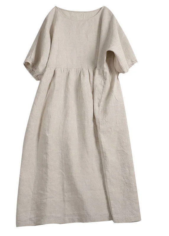 elegant shift dressHandmade Apricot Solid O-Neck Wrinkled Patchwork Linen Dress Summer