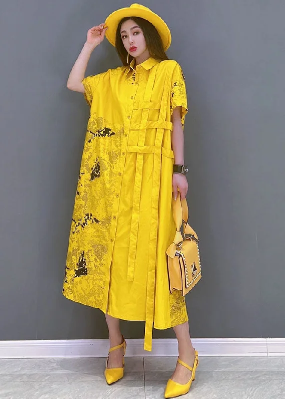 form-fitting dressYellow Print Cotton Loose Shirt Dress Asymmetrical Design Short Sleeve