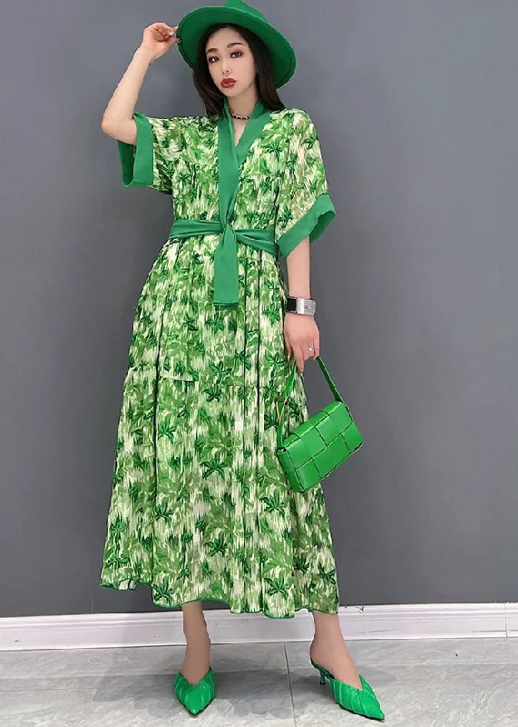 evening dressUnique Green V Neck Print Chiffon Long Dresses Short Sleeve