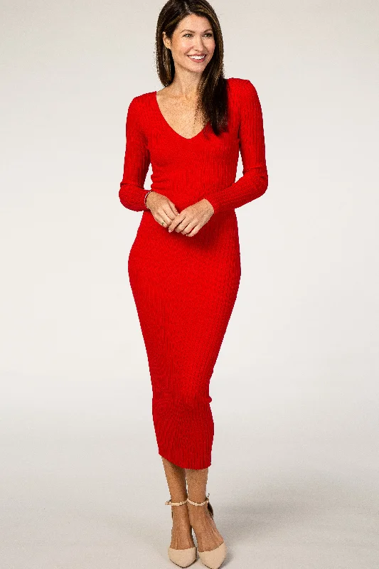 playful dressRed V-Neck Long Sleeve Fitted Maxi Dress