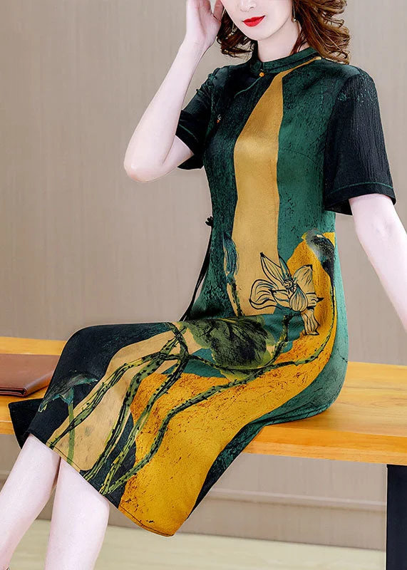 sleek midi dressVintage Blackish Green Stand Collar Print Silk Cheongsam Dress Short Sleeve