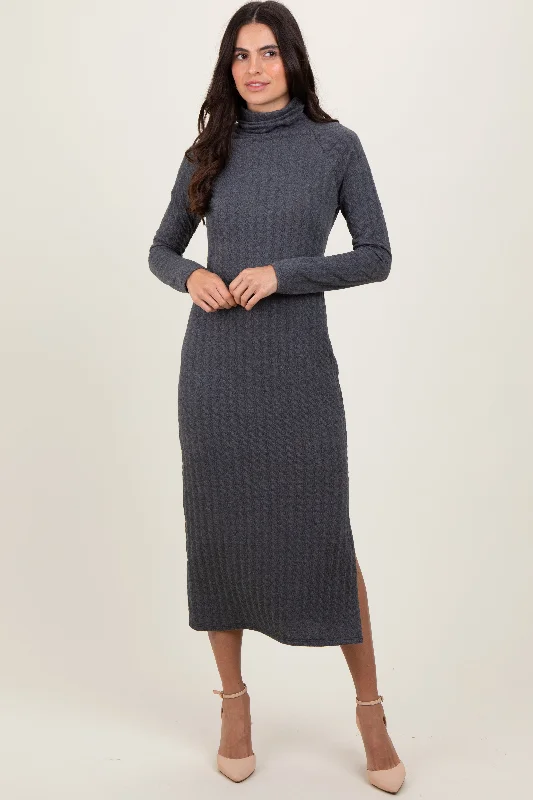 stylish dressCharcoal Cable Knit Turtleneck Midi Sweater Dress