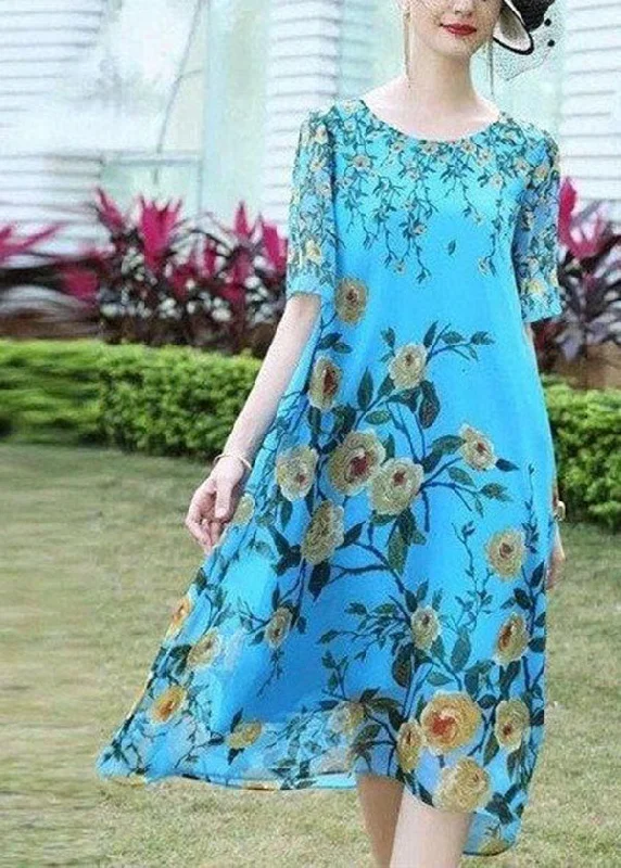 long-sleeve floral dressBoutique Blue O-Neck Floral Print Exra Large Hem Silk Dress Short Sleeve