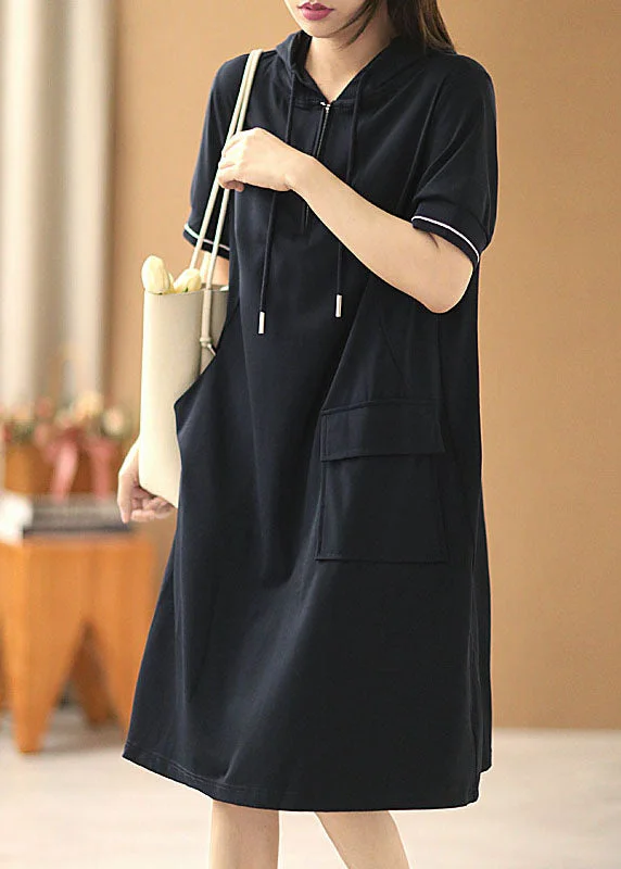 boho-chic dressSimple Solid Navy Zippered Drawstring Hooded Pocket Cotton Sweatshirt Dress Short Sleeve