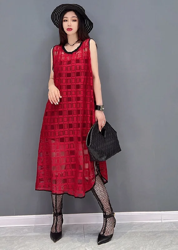 off-the-shoulder dressStyle Red O-Neck Side Open Plaid Chiffon Long Dress Sleeveless