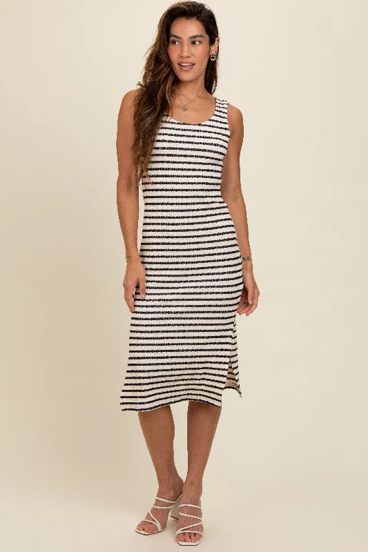 fitted cocktail dressNavy Blue Striped Side Slit Midi Dress