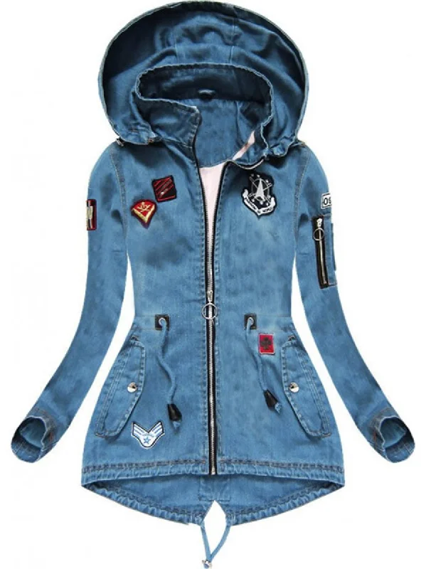 wool-blend coatDenim Patch Hooded Long Sleeve Coat