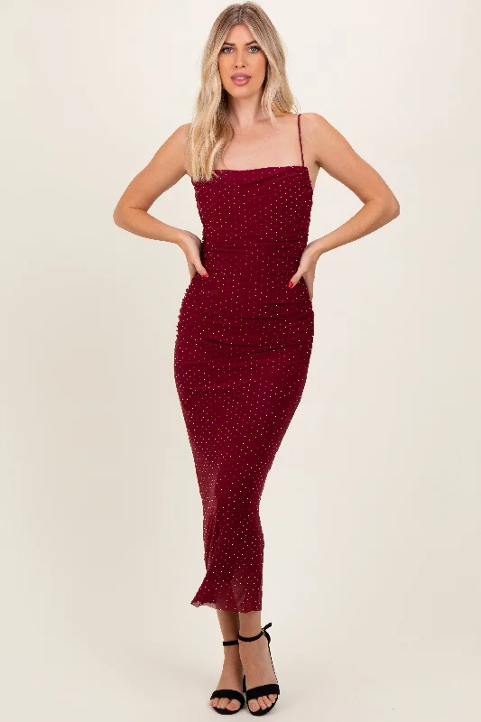 stylish dressBurgundy Rhinestone Fitted Ruched Maxi Dress