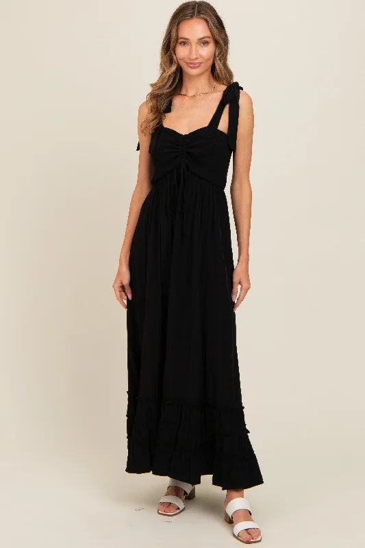 pleated maxi dressBlack Sweetheart Neck Smocked Shoulder Tie Maxi Dress