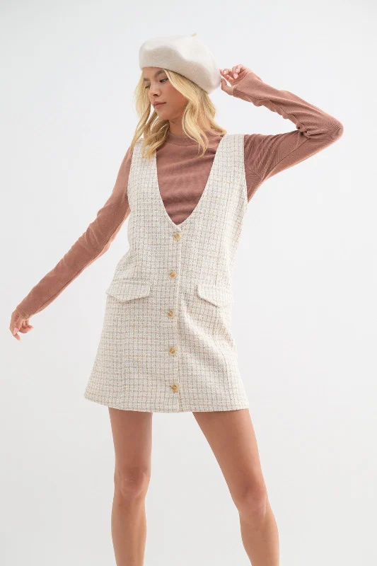 knit dressTaupe Cream Tweed Button-Up Mini Dress