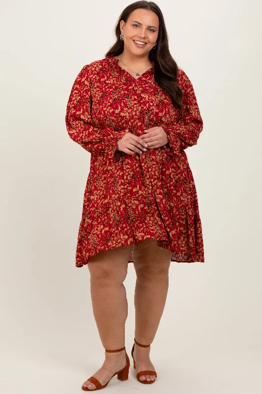 chic shift dressRed Leaf Print Long Sleeve Plus Dress