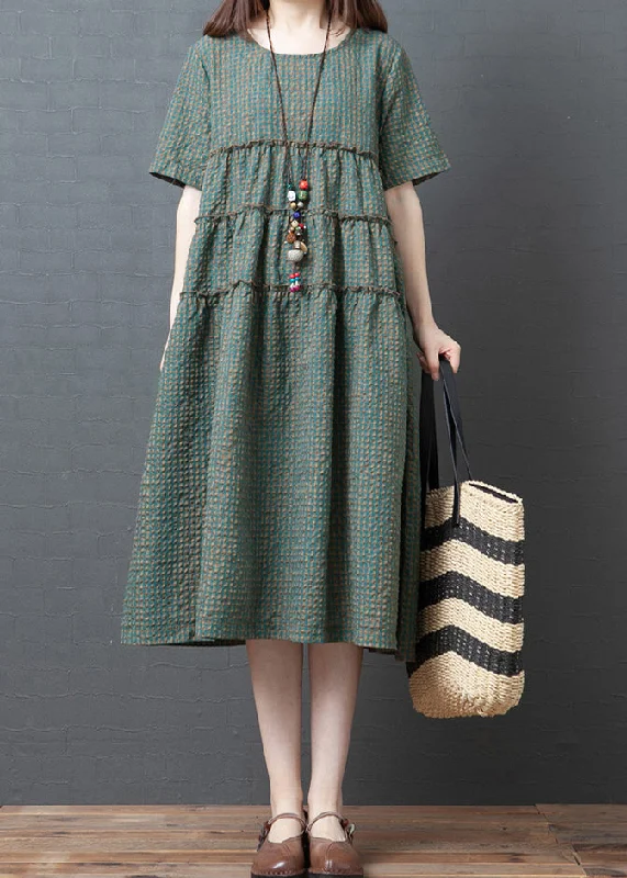 winter dressPlus Size Green Plaid O-Neck Wrinkled Patchwork Linen Party Dress Short Sleeve