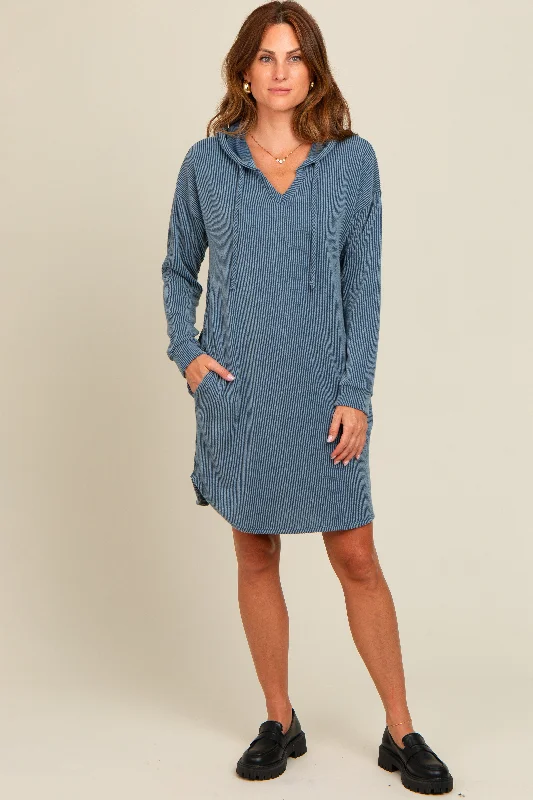 trendy mini dressBlue Ribbed Hoodie Dress