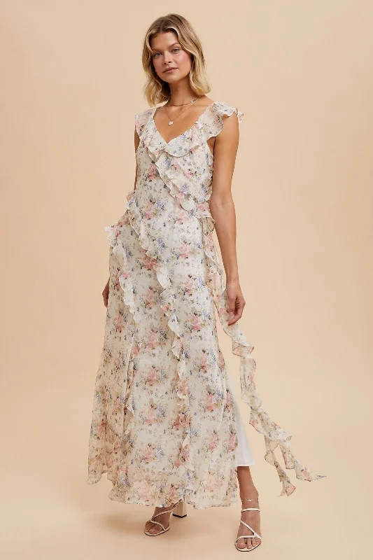 layered dressIvory Floral Ruffled Chiffon Dress