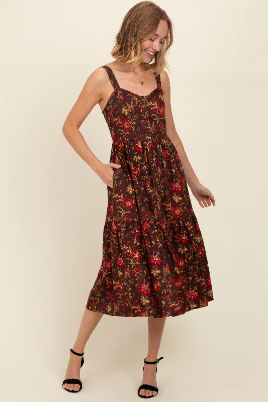 comfy maxi dressBrown Floral Sweetheart Neck Button Down Midi Dress