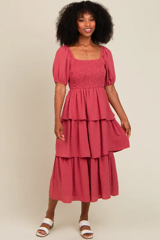 puff sleeve dressMagenta Smocked Body Ruffled Tiered Midi Dress