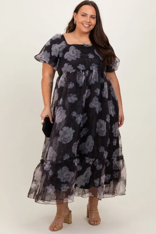 v-neck dressBlack Floral Organza Square Neck Plus Midi Dress