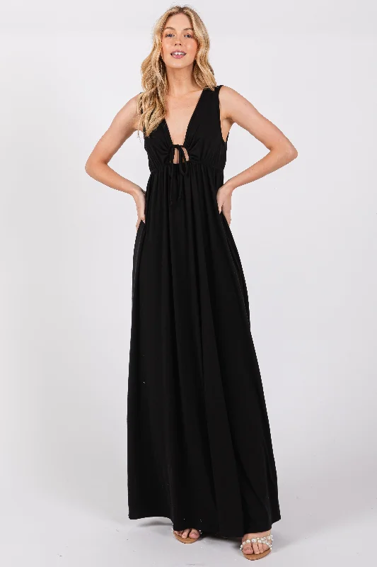 one-shoulder dressBlack Front Tie Cutout Sleeveless Maxi Dress