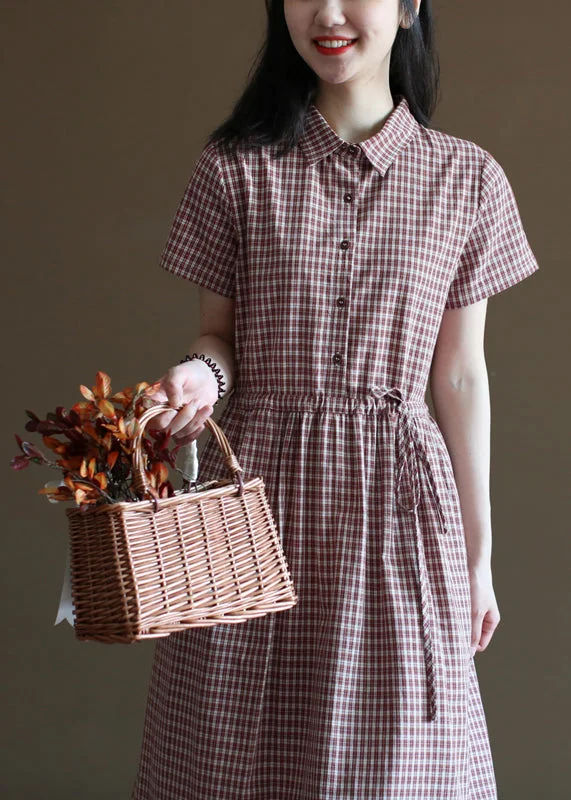 printed dressHandmade Brick Red Plaid Drawstring Peter Pan Collar Cotton Vacation Dresses Short Sleeve