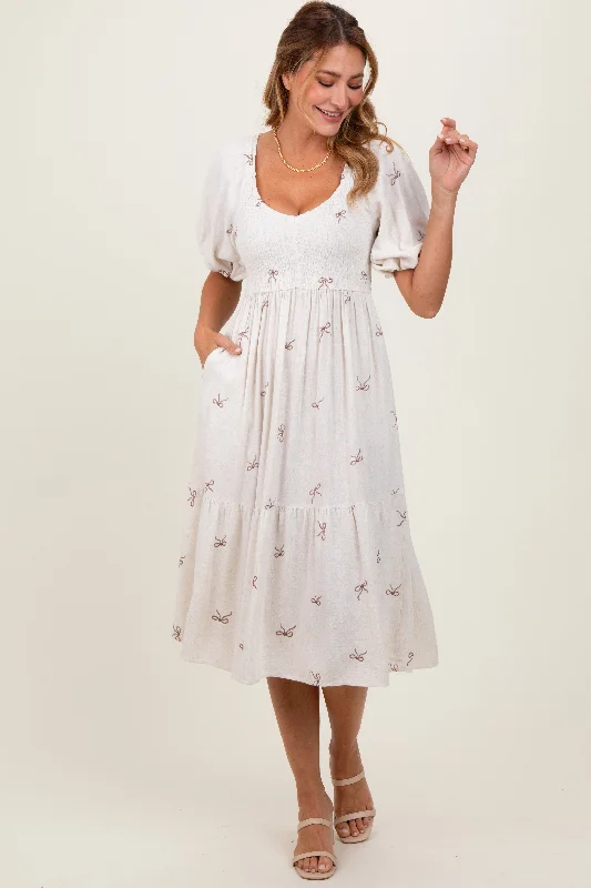 elegant shift dressCream Ribbon Print Smocked Midi Dress