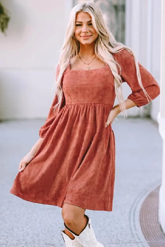 flowy evening dressSuede Square Neck Puff Sleeve Dress