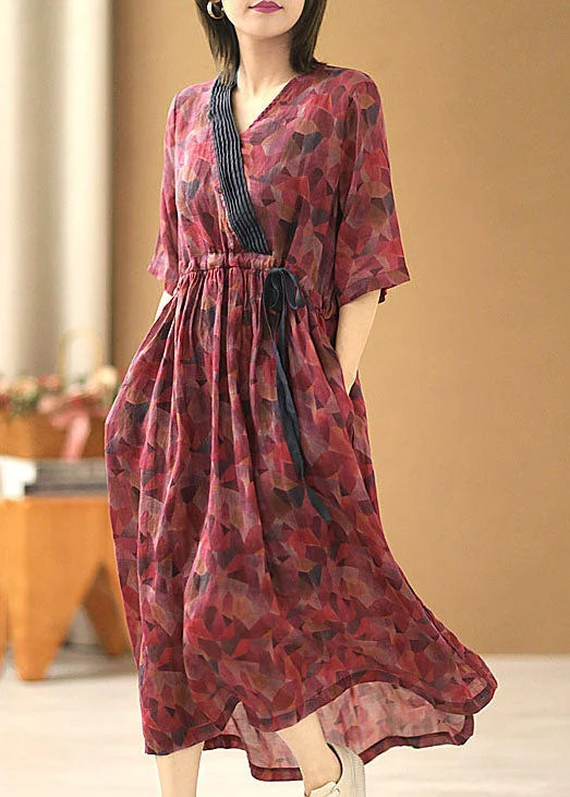 stylish party dressBeautiful Red V Neck Tie Waist Wrinkled Print Linen Cinch Dresses Short Sleeve