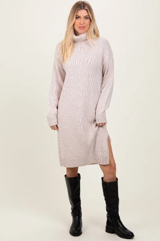 romantic dressBeige Turtleneck Side Slit Midi Sweater Dress