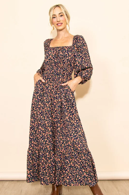 high-waisted dressNavy Blue Floral Square Neck Ruffle Maxi Dress