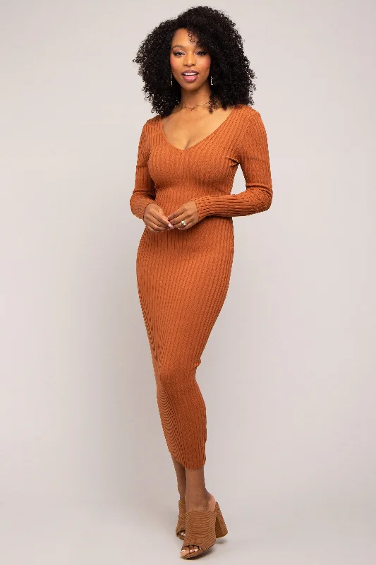 office dressCamel V-Neck Long Sleeve Fitted Maxi Dress