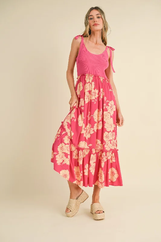 pleated dressFuchsia Floral Colorblock Midi Dress