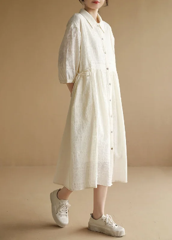 mini dressWomen Beige Peter Pan Collar Wrinkled Drawstring Long Dresses Bracelet Sleeve