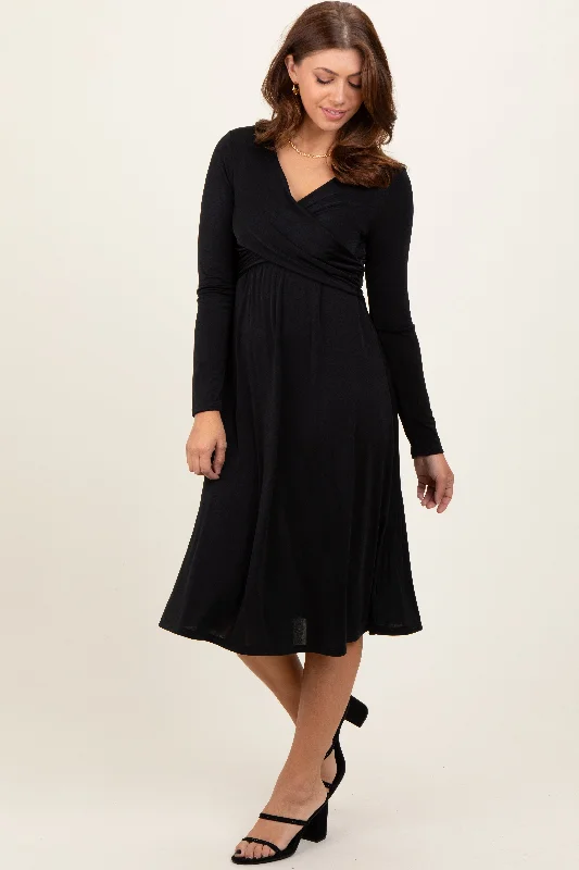 one-shoulder dressBlack Crossover V-Neckline Long Sleeve Nursing Dress