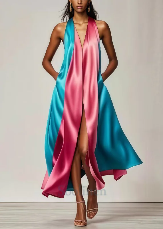 summer dressElegant Colorblock Patchwork Side Open Silk Vestidos Dress Summer