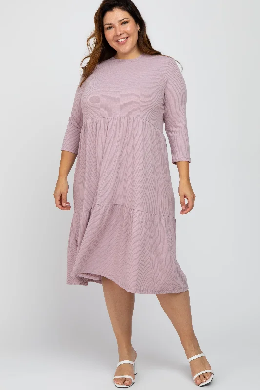 office dressLavender Tiered Ribbed 3/4 Sleeve Plus Midi Dress