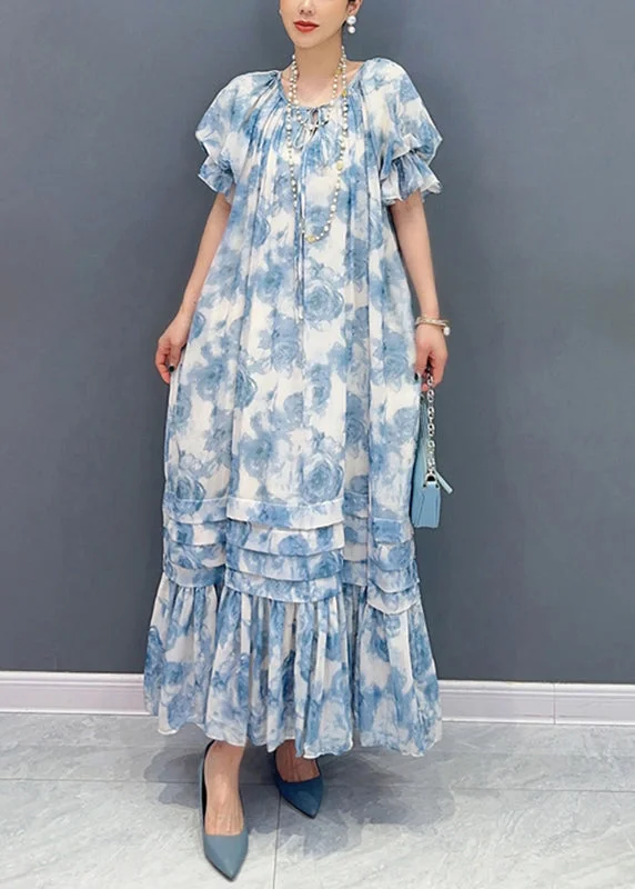 casual day dressBohemian Blue O-Neck Ruffled Patchwork Print Chiffon Maxi Dresses Summer