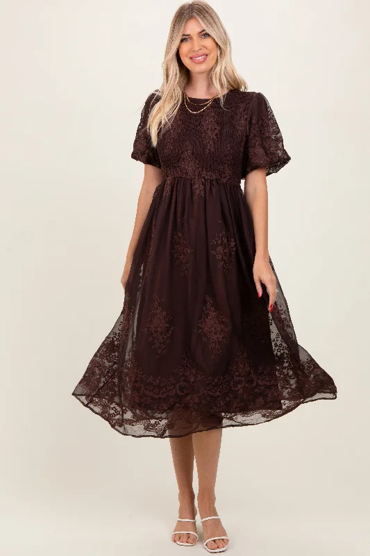 cocktail party dressBrown Floral Embroidered Mesh Overlay Smocked Midi Dress