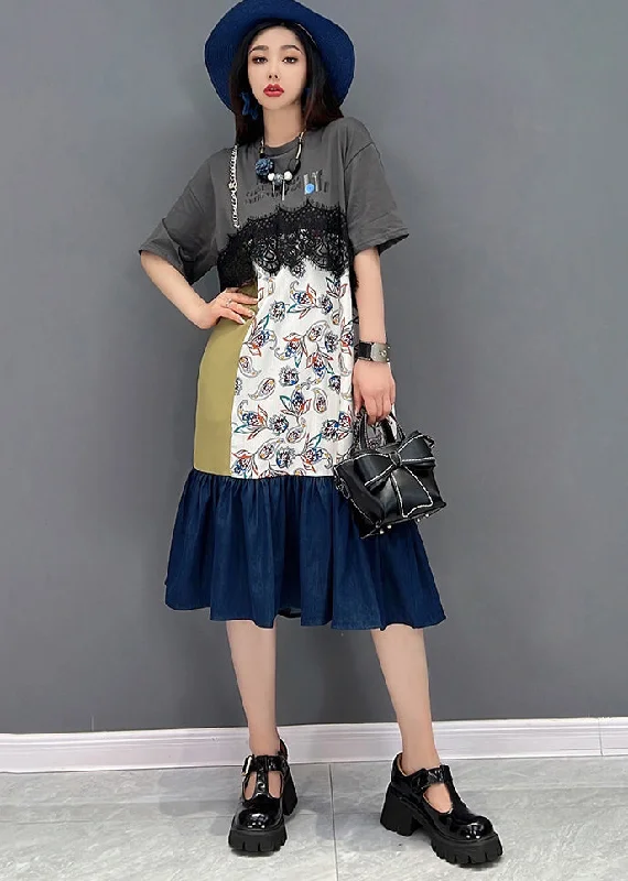 fitted dressModern Grey Asymmetrical Patchwork Lace Ruffles Cotton Denim Dresses Short Sleeve