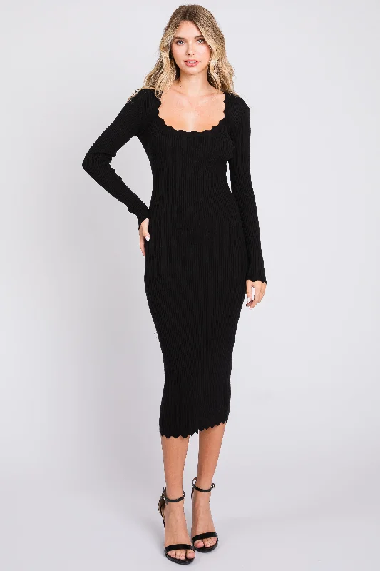 vintage-inspired dressBlack Ribbed Scallop Hem Long Sleeve Midi Dress