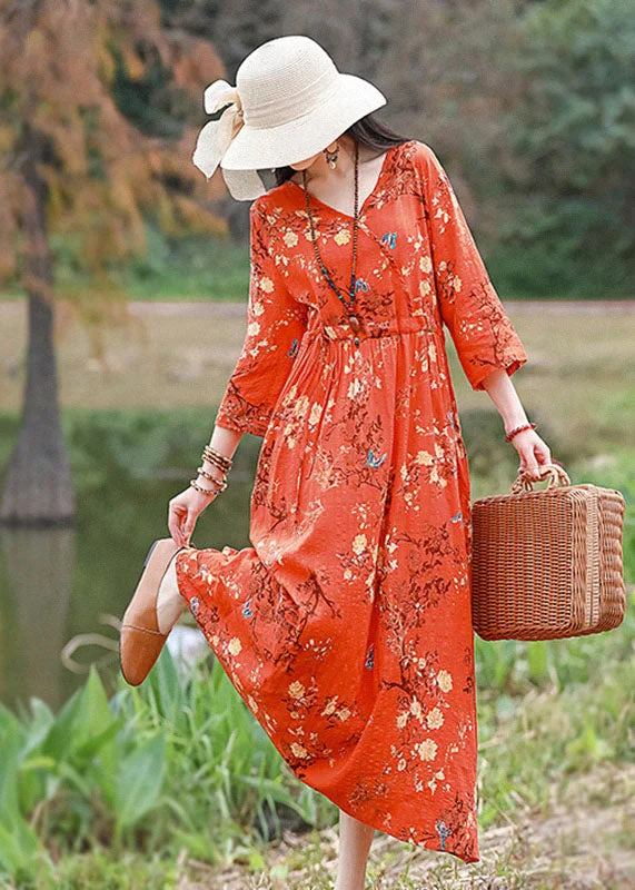 A-line dressVintage Orange V Neck Print Cotton Linen Party Dress Bracelet Sleeve