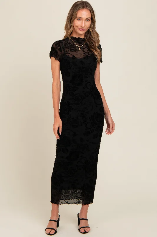 off-the-shoulder dressBlack Floral Mesh Overlay Fitted Maxi Dress