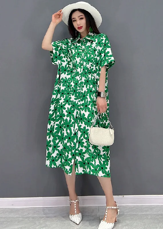 denim dressBeautiful Green Peter Pan Collar Print Shirt Dress Short Sleeve