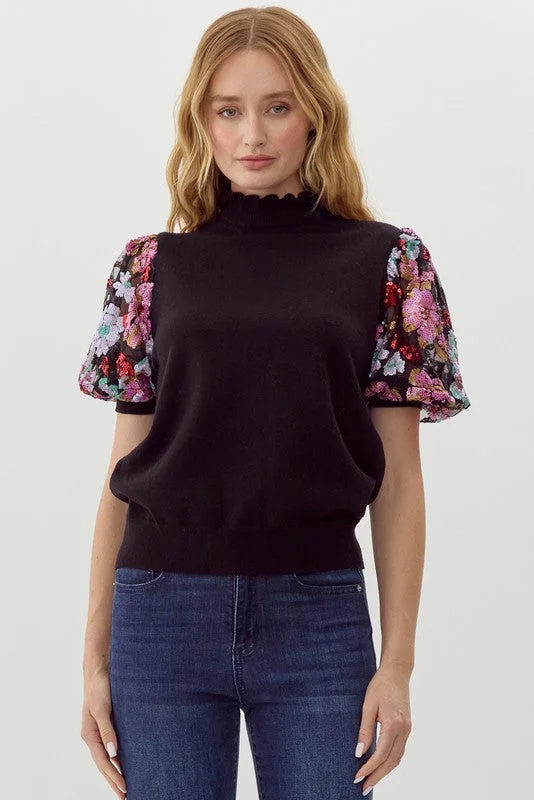 off-shoulder dressSequin Puff Sleeve Black Top