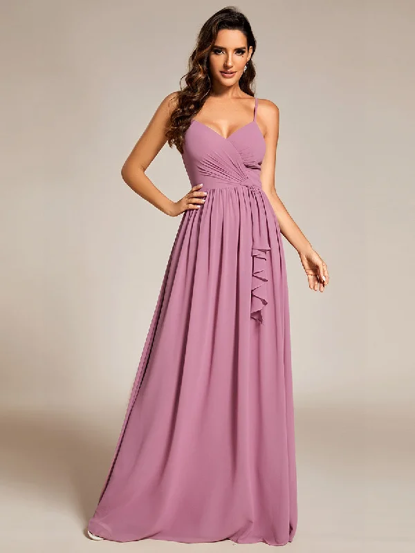 long sleeve dressElegant Spaghetti Straps Deep V Neck A-Line Ruched Lotus Leaf Empire Waist Chiffon Bridesmaids Dress