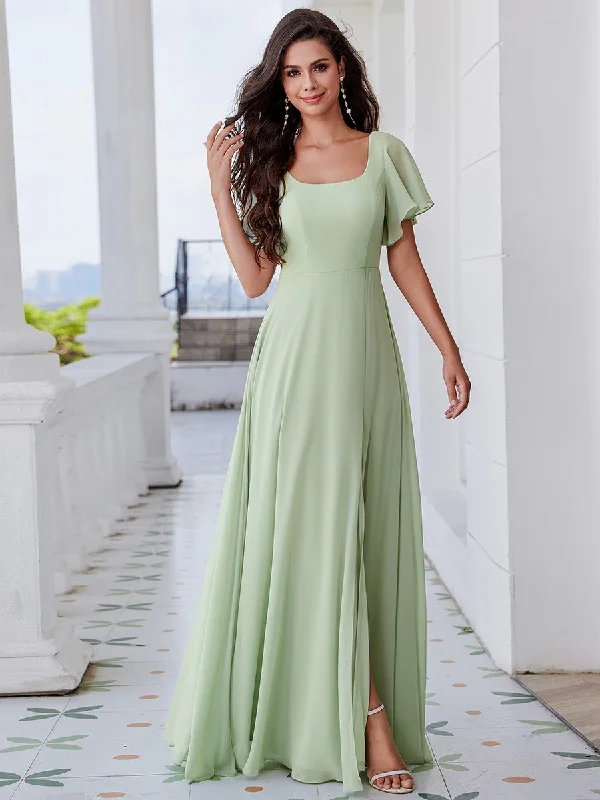 structured dressGraceful Short Sleeves Lotus Leaf Backless Bridesmaids Dress Frenulum knotting A-Line Chiffon Dresses