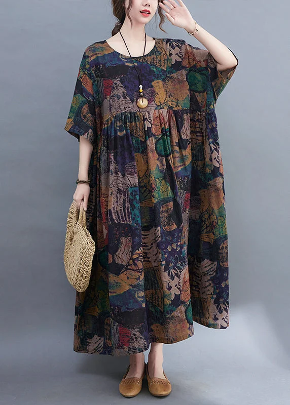 summer floral dressOriginal Design O-Neck wrinkled Print Loose Long Dress Short Sleeve