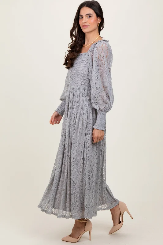 elegant evening dressHeather Grey Lace Smocked Bubble Sleeve Maxi Dress