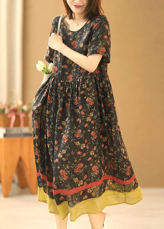 summer dressBoutique Black O-Neck Print Wrinkled Patchwork Linen Vacation Long Dress Short Sleeve