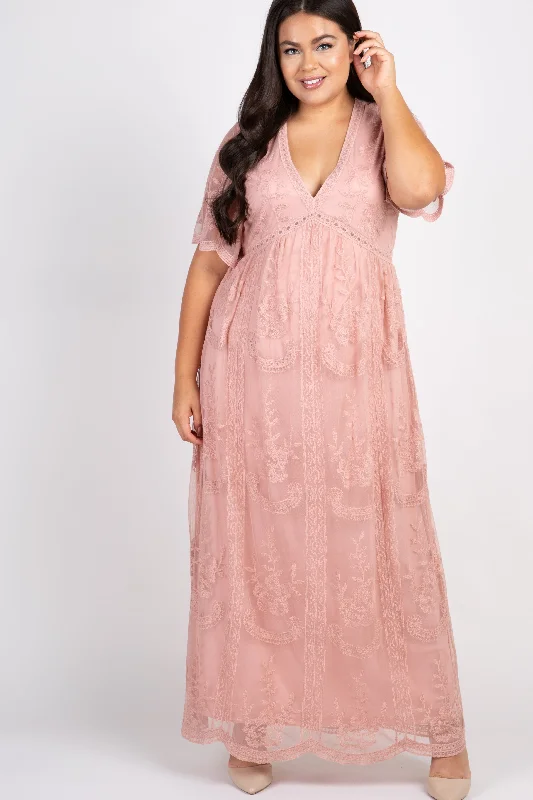 printed dressPinkBlush Light Pink Lace Mesh Overlay Plus Maxi Dress