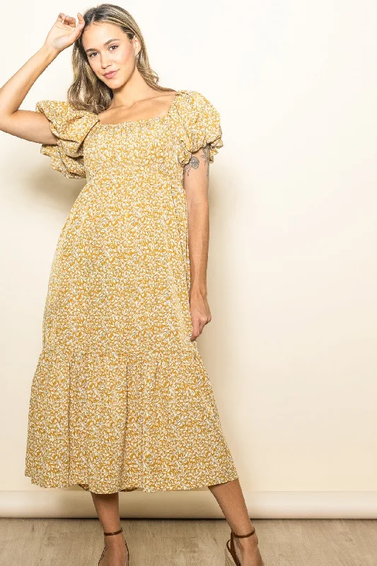 velvet dressYellow Floral Puffed Sleeve Midi Dress