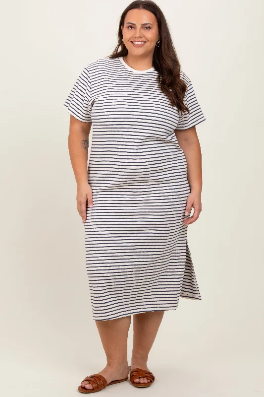 cocktail dressNavy Striped Short Sleeve Plus T-Shirt Midi Dress